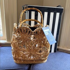 NEW WITH TAGS AND BOX: Tan Floral Crochet Bag